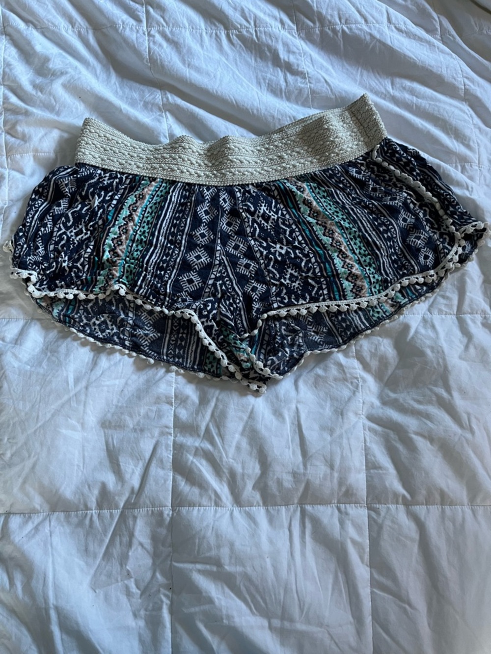 No Boundaries Navy Patterned Shorts with Teal and Cream Accents